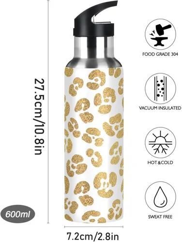 Vista 9 de Gold Leopard Spots White Insulated Water Bottle 32 Oz Leakproof Water Bottles, BPA-Free Sports Water Bottle with Straw