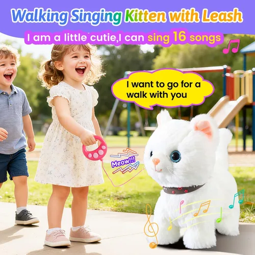 Vista 3 de Juego de gato que camina con correa blanca cantando que ronronea y maulla, robot de peluche animado, gatito, mascota en movimiento, realista, animal
