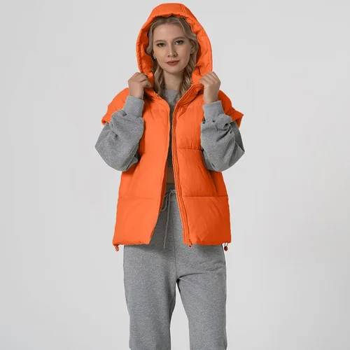 Vista 9 de Shiyifa Chaleco acolchado para mujer, chaqueta de gran tamaño, sin mangas, ligera, con cremallera, con capucha desmontable