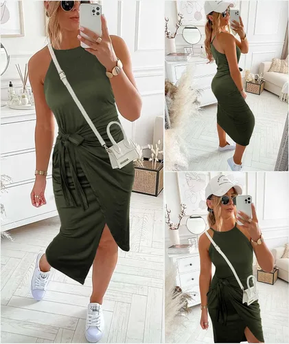 Vista 5 de NOLLSOM Vestido casual sin mangas a rayas para mujer, vestido por debajo de la rodilla de verano con cuello halter, fruncido, entallado, con lazo