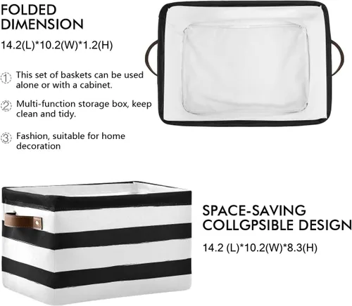 Vista 3 de Bolaz Cesta de almacenamiento plegable grande, color negro y blanco, a rayas, bolsa organizadora plegable con asas, 15 x 11 x 9.5 pulgadas