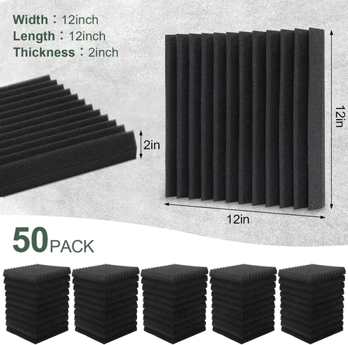 Vista 2 de 50 paquetes de paneles de espuma acústica, paneles de espuma insonorizante de 5 x 30.5 x 30.5 cm, paneles de absorción de sonido de alta densidad