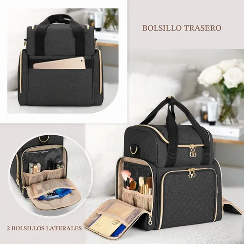 Vista 4 de LUXJA - Bolsa de maquillaje de viaje con 2 estuches de maquillaje extraíbles, color negro Large Cosmetic Bag with Multiple Storage Sections, 3