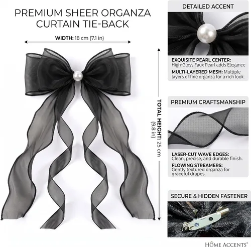 Vista 6 de Alzapaños de organza negra traslúcida para cortina, paquete de 6 Negro transparente