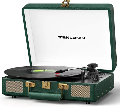 Vista 23 de Reproductor de discos de vinilo con altavoces integrados, tocadiscos de entrada Bluetooth de 3 velocidades, grabación y reproducción USB/TF
