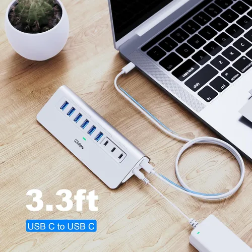 Vista 8 de Concentrador USB alimentado de 10 Gbps, intpw de 9 puertos USB 3.2, concentrador USB C con USB A/USB C 3.2, 4 USB 3.0, 2 puertos de carga PD de 45