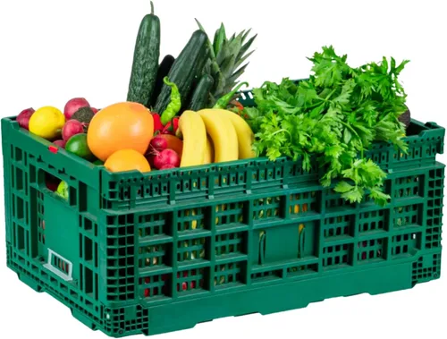 Vista 21 de Restaurantware Cater Tek - Caja plegable de 36 litros, 1 caja de almacenamiento apilable, con asas de diseño de malla, caja plegable de plástico