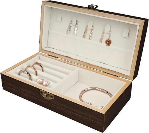 Vista 6 de Caja de joyería de madera hecha a mano - Organizador de viaje elegante para mujeres y hombres, ideas únicas de regalo para anillos, aretes, collares