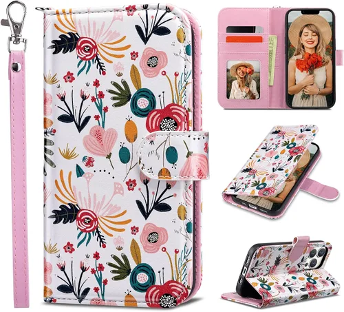 Vista 29 de ULAK Compatible con iPhone 13 Funda tipo cartera para mujer, funda tipo billetera de piel PU con tarjetero y función de caballete, funda protectora