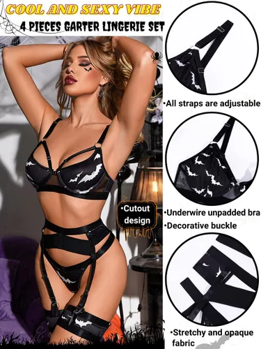 Vista 2 de Kaei&Shi - Lencería con liguero para mujer, conjunto de encaje traslúcido y sexy de 4 piezas combinadas