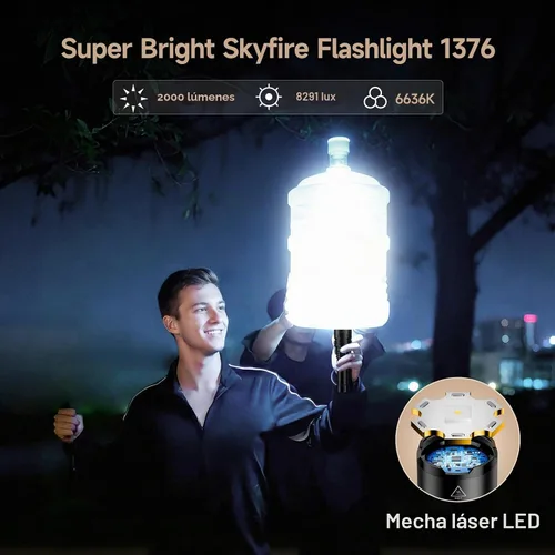Vista 2 de SKYFIRE 2000LM Linterna recargable con lente de encendido, verde mate