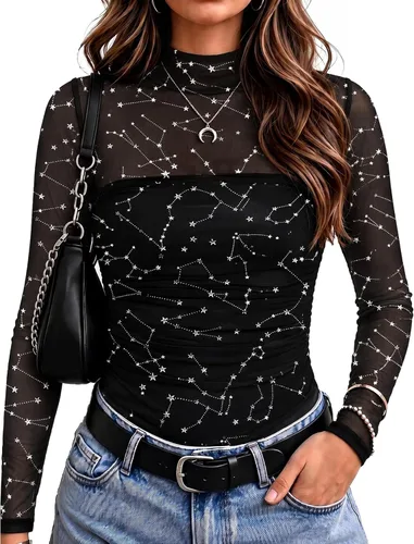 Vista 9 de Zeagoo Blusa de manga larga de malla para mujer, cuello alto, fruncido Estampado floral