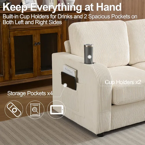 Vista 3 de Sofá de 3 Plazas Extragrande de 87.4", Sofá Tapizado para Sala de Estar, Loveseat Moderno de Asiento Profundo y Cómodo con Portavasos, Sofá Loveseat