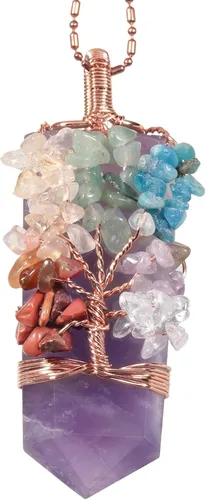 Vista 9 de TUMBEELLUWA Collar con colgante de árbol de 7 chakras unisex, alambre de cobre envuelto en 6 facetas con piedra de cristal con dije de amuleto