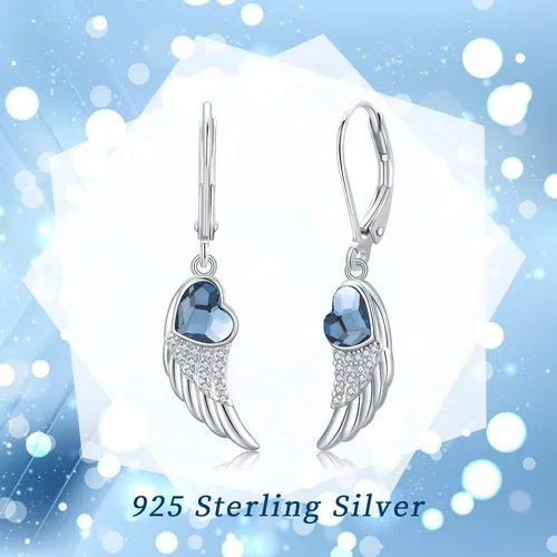 Vista 7 de Aretes hipoalergénicos de anclaje, celta, ángel, para mujeres y niñas, de plata de ley 925, con forma de corazón azul, celta, alas, anclaje