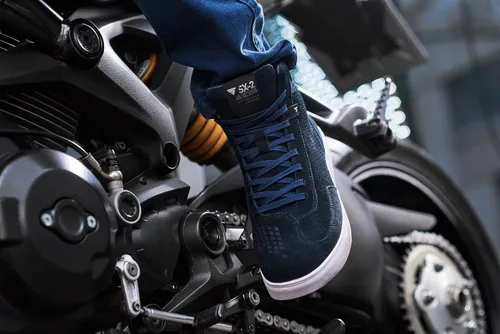 Vista 2 de SHIMA SX-2 EVO - Zapatos de motocicleta para hombre, transpirables, de cuero reforzado, zapatos para la calle con soporte para el tobillo, suela Azul