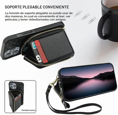 Vista 5 de Bocasal Funda tipo cartera cruzada para iPhone 14 Pro Max, con bloqueo RFID, de piel sintética, con cremallera, funda tipo cartera con función atril