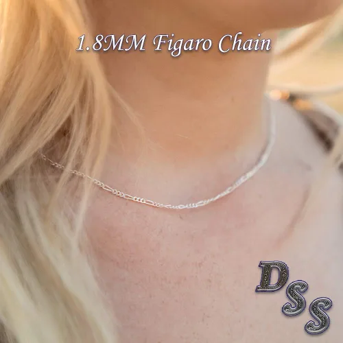 Vista 2 de Cadena de plata fina 925de Figaro de 1,8mm. Collar hacho en Italia para mujer, con cierre de garra1630 pulgadas.