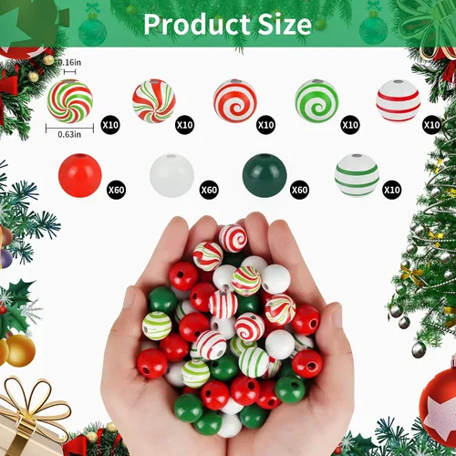 Vista 2 de 240 cuentas de madera de Navidad de bastón de caramelo, cuentas de madera de remolino de menta de Navidad, cuentas redondas de 0.630 in para Navidad