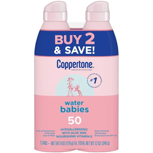 Vista 14 de Coppertone Water Babies - Loción de protección solar en aerosol SPF 50, protector solar para bebés recomendado por pediatras, protector solar