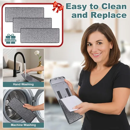 Vista 4 de Trapeador plano con 3 almohadillas, mopas de microfibra para limpieza de pisos con mango ajustable de 73.7-124.5 cm, mopa de polvo para pisos