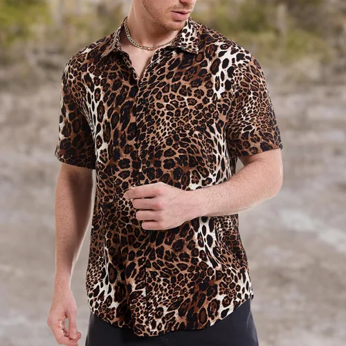 Vista 7 de Camisas de discoteca con estampado de leopardo para hombre, camisa casual de manga corta con botones