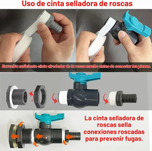Vista 5 de Kit de grifo de PVC con espita de barril de lluvia con accesorio de mamparo, válvula de bola, adaptador de púas de manguera de jardín, abrazaderas