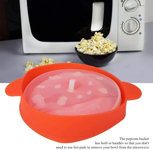 Vista 3 de Popcorn Popper para microondas con tapa de asa, plegable, de silicona, para hacer palomitas de maíz, uso en microondas u horno (rojo)