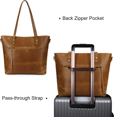 Vista 3 de S-ZONE - Bolso de mano de piel auténtica vintage para portátil, Bolsa de trabajo para mujeres con bolsillo trasero con cremallera