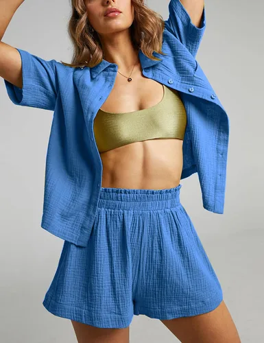 Vista 3 de Rousytn Conjunto de 2 piezas para mujer, conjunto de ropa deportiva de algodón y lino, conjunto a juego de camisa y pantalones cortos con botones