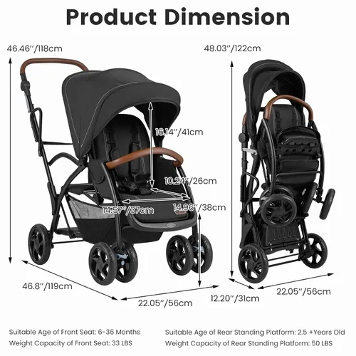 Vista 8 de INFANS Cochecito doble sentado y de pie, tándem plegable con respaldo reclinable de plataforma de pie, manillar y reposapiés ajustables, cesta