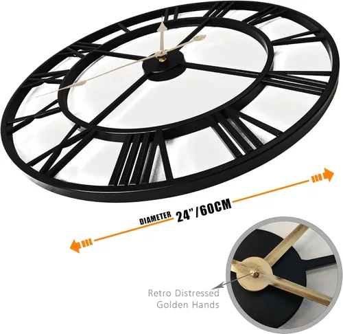 Vista 2 de Reloj de pared grande de metal de 24 pulgadas más grueso, reloj industrial decorativo para el hogar con números romanos grandes, reloj retro de gran