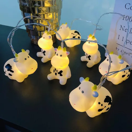 Vista 3 de Linda luz nocturna de vaca, de granja, con leche, vaca, funciona con pilas, 3M, 20 LED, decoración de hadas para niños, niñas, dormitorio