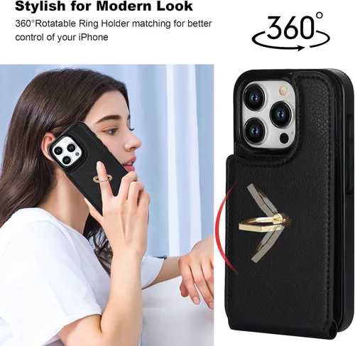 Vista 3 de Folosu Funda compatible con iPhone 15 Pro con soporte para tarjetas, rotación de 360°, soporte de anillo de dedo con función atril, bloqueo RFID