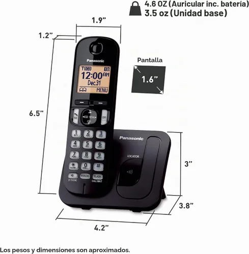 Vista 7 de Panasonic Teléfono inalámbrico, pantalla retroiluminada de 1.6", bloqueo de llamadas, altavoz, 10 horas de tiempo de conversación, 1 auricular