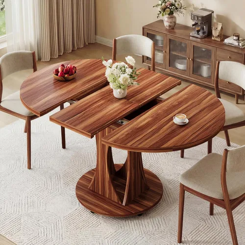 Vista 15 de iPormis Mesa de comedor extensible de 43 a 59 pulgadas, mesa de cocina redonda con pedestal de arcos modernos, mesa de comedor ovalada con hojas