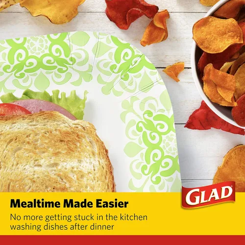 Vista 5 de Glad Platos cuadrados de papel desechables, patrón victoriano verde, fuertes, resistentes, a prueba de remojo y aptos para microondas para cena
