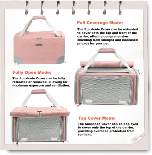 Vista 3 de Texsens Transportador para gatos – Transportador plegable grande para 2 gatos, aprobado por aerolíneas, protección de privacidad (rosa)