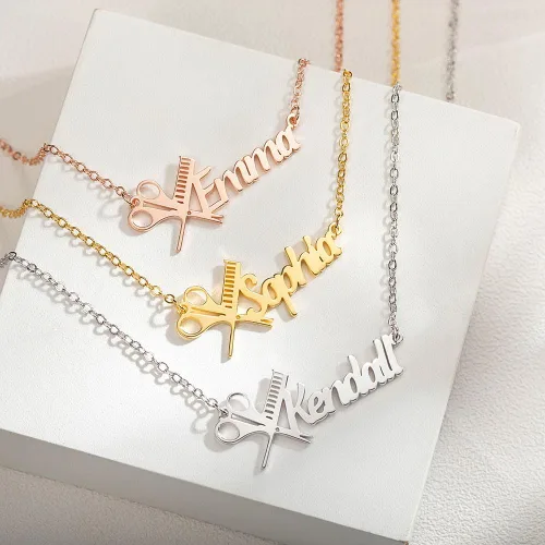 Vista 5 de Collar de peluquero personalizado con nombre de tijera, collar de peluquería con nombre personalizado, joyería de tijera, collar para estilista