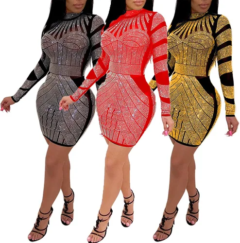 Vista 4 de PORRCEY Vestido sexy de malla de manga larga para mujer, con diamantes de imitación, para fiesta, club, noche, para mujer