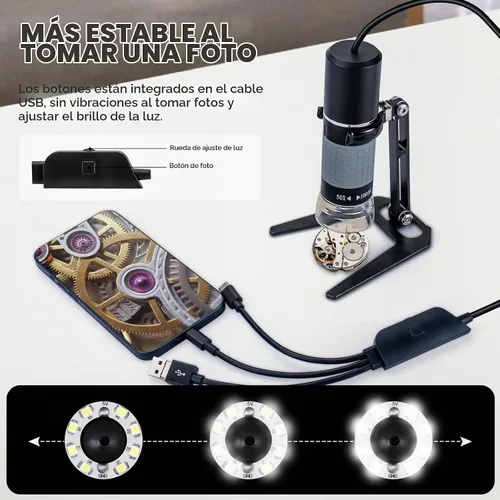 Vista 5 de Microscopio USB 1080P con soporte de metal, cámara de microscopio digital de mano 50X-1000X compatible con iPhone/Android/Windows/Mac