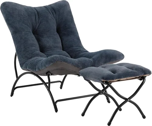 Vista 10 de Tiita - Silla acentuada perezosa con otomana, cómoda silla de ocio con estructura metálica y tela de felpa, silla reclinable acogedora con asiento