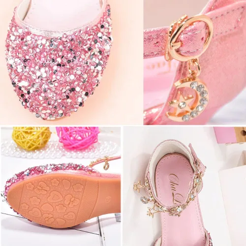 Vista 5 de ChuLian Sandalias para niñas con purpurina para niños, zapatos de vestir de tacón bajo con lentejuelas, sandalias de princesa para niñas pequeñas