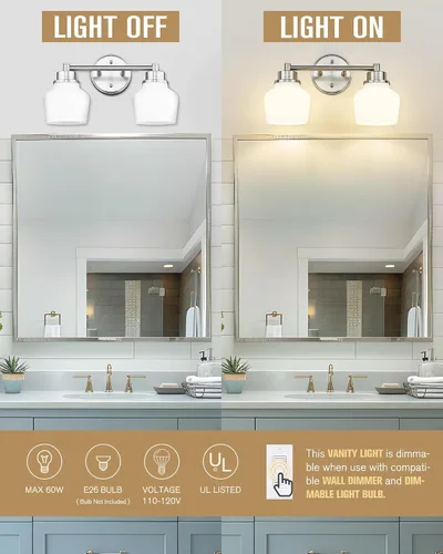 Vista 3 de Luminarias de baño Emak de níquel cepillado, luz de tocador de baño de 2 luces con pantalla de vidrio esmerilado, luces de tocador modernas