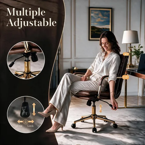 Vista 8 de MOJAY Silla de escritorio ergonómica de cuero con respaldo medio, moderna silla tapizada para computadora, silla de oficina ejecutiva con brazos