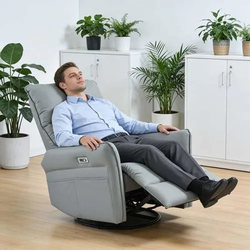 Vista 4 de Silla reclinable eléctrica giratoria de 360°, silla mecedora con carga USB, piel sintética para sala de estar (azul gris)
