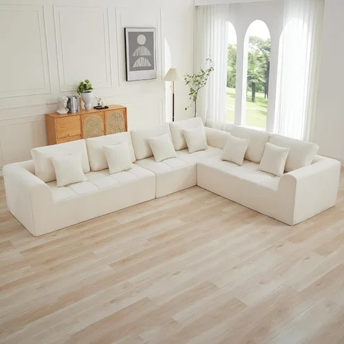 Vista 16 de Sofás seccionales modulares de 110 pulgadas para sala de estar, sofá seccional comprimido sin hueso, sofá de espuma viscoelástica tapizado de 3 Beige