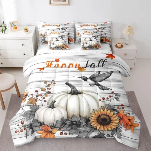 Vista 15 de Feelyou Fall Pumpkin Comforter Set with Sheets 7 Piece Twin Size Autumn Bed in a Bag Kids Boys Girls Pumpkin Maple Leaf Bedding Set Hummingbird Beig