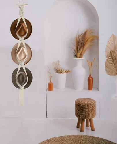 Vista 5 de Organizador de sombreros de macramé para pared, colgadores bohemios para colgar en la pared, tejido a mano, organizador decorativo para sombreros