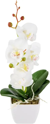 Vista 2 de Restaurantware - Orquídeas artificiales de 4 x 14 pulgadas, 12 orquídeas falsas en maceta, 5 flores, uso como centro de mesa, decoración del hogar u